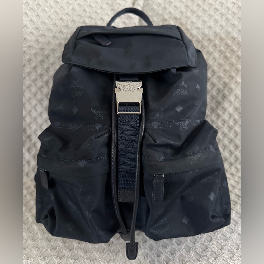 MCM Dieter Two Pocket Monogram Visetos Nylon Leather Backpack Rucksack Navy Blue